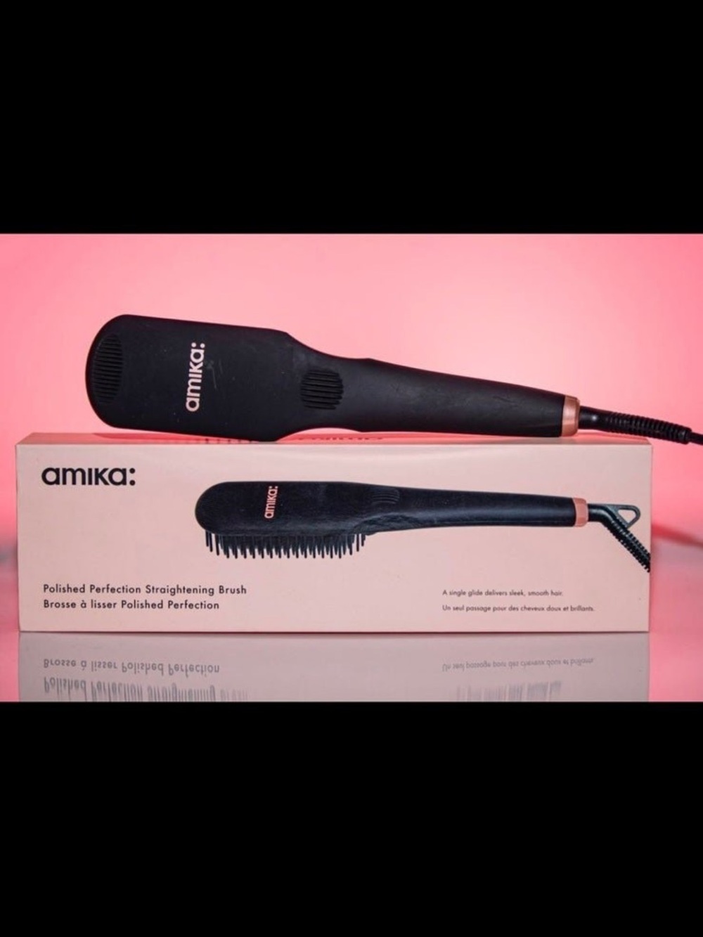 amika Polished Perfection Straightening Brush in Black with Rose Gold Accents